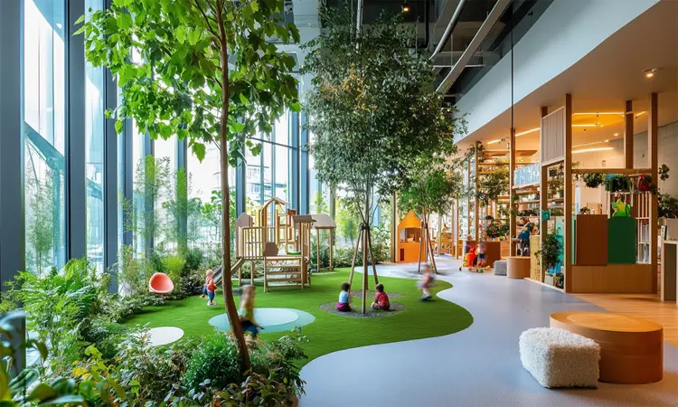 Modern indoor green lounge area with landscaped seating spaces and luxury residential ambiModern indoor green lounge area with landscaped seating spaces and luxury residential ambiance.
