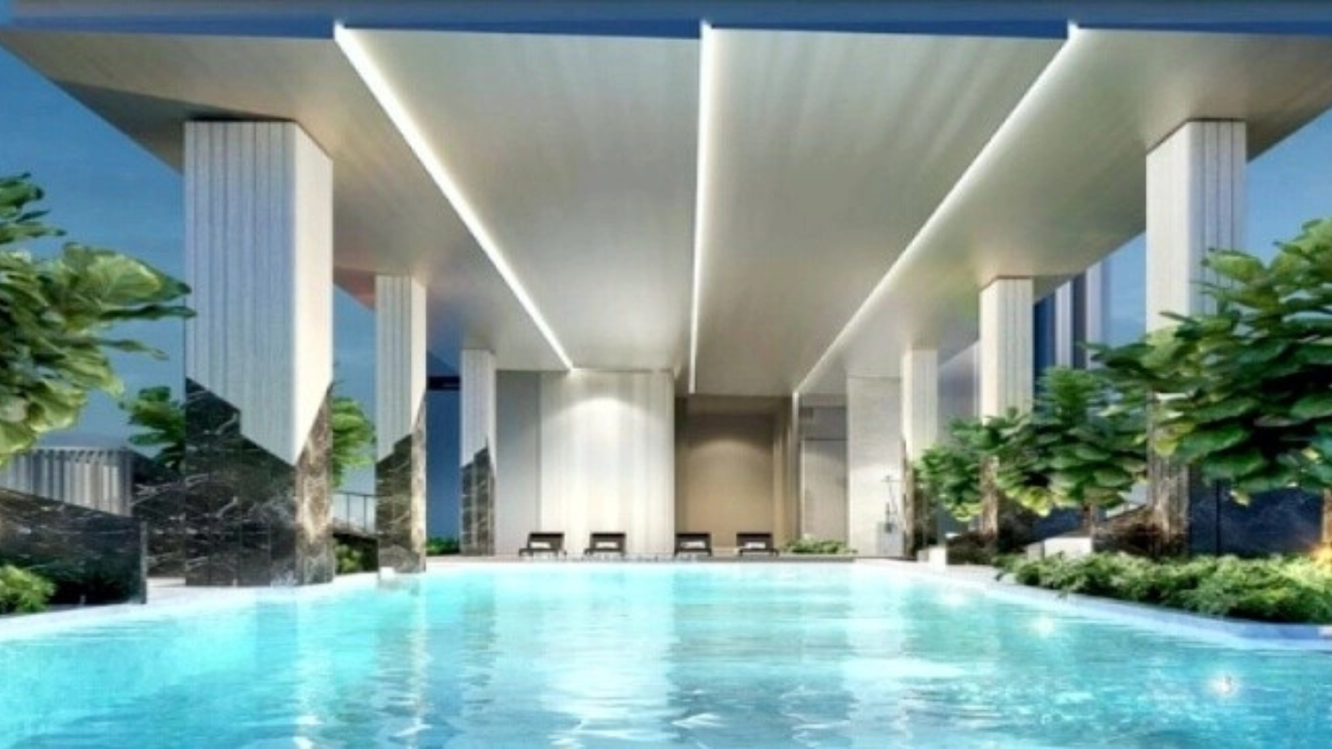 Luxury swimming pool area with modern architecture and elegant outdoor residential ambiance.