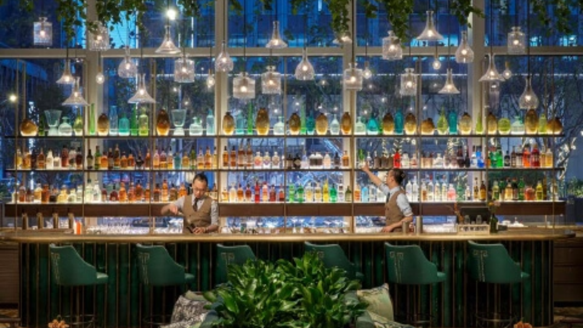 Luxury bar lounge interior with elegant lighting, premium seating, and modern décor ambiance.